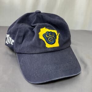 Milwaukee Brewers Baseball Cap Dad Hat Navy Miller Lite Promo Ball in Glove Logo